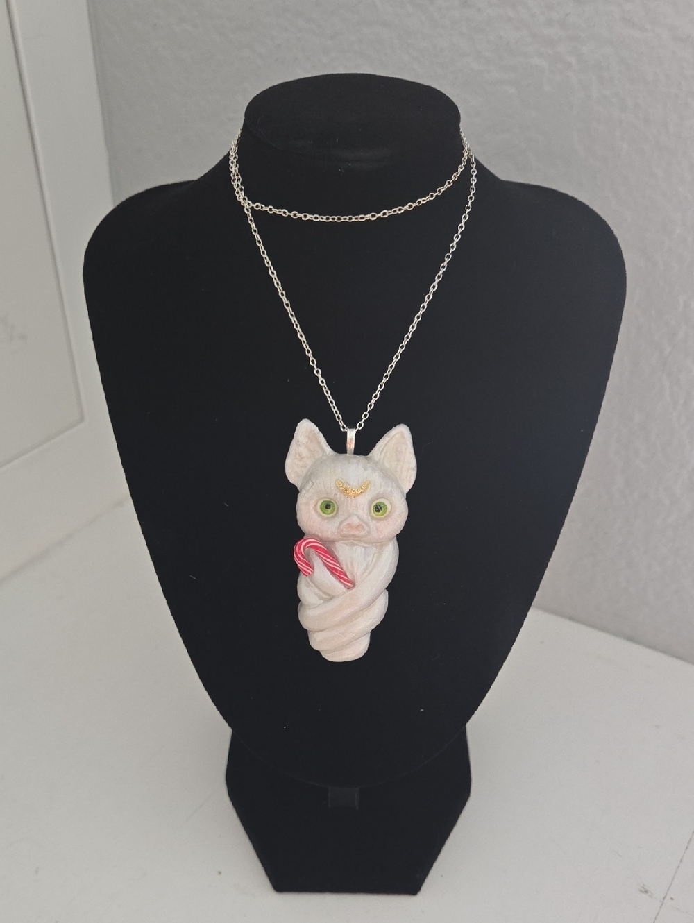 Handcrafted White Bat Pendant Necklace with Candy Cane - Unbranded